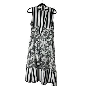 Kozan Womens Black White Striped Swirl Print Asymmetric Zip Front Midi Dress S